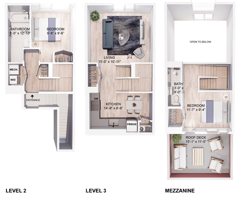 three floor plans of a house with a bedroom and a living room